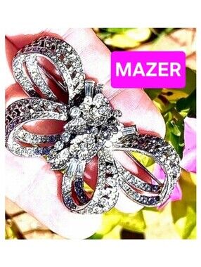 Early Vtg MAZER Rhinestone Rhodium plt Bow Brooch